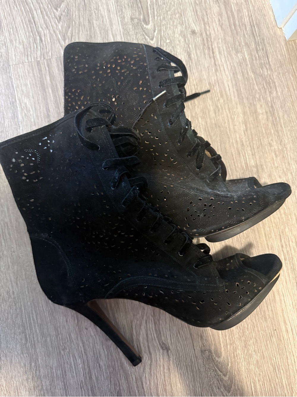 BCBG MAX Women’s Black Lace-Up Peep-Toe Suede Booties